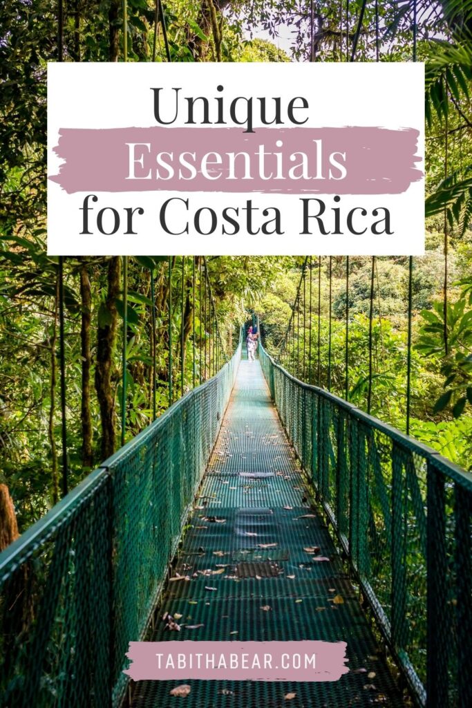Banner with 'unique essentials for costa rica' written on it, showing a bridge in the treetops of a costa rican rain forest.