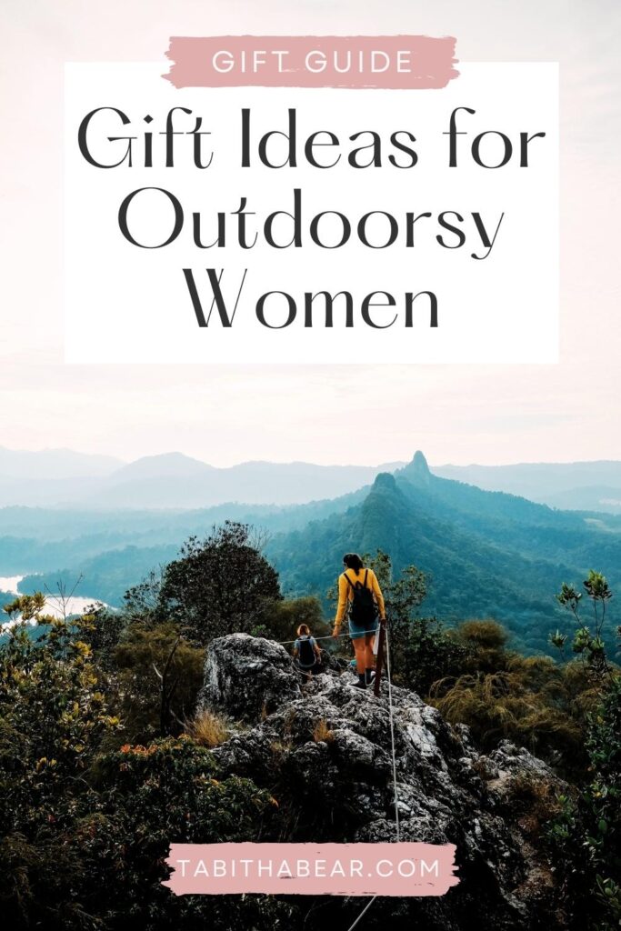 Photo of women hiking a mountain. Text above reads "Gift Ideas for Outdoorsy Women."