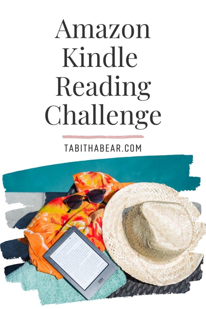 Photo of an Amazon Kindle open to a book and other items on the edge of a pool. Text above reads "Amazon Kindle Reading Challenge."