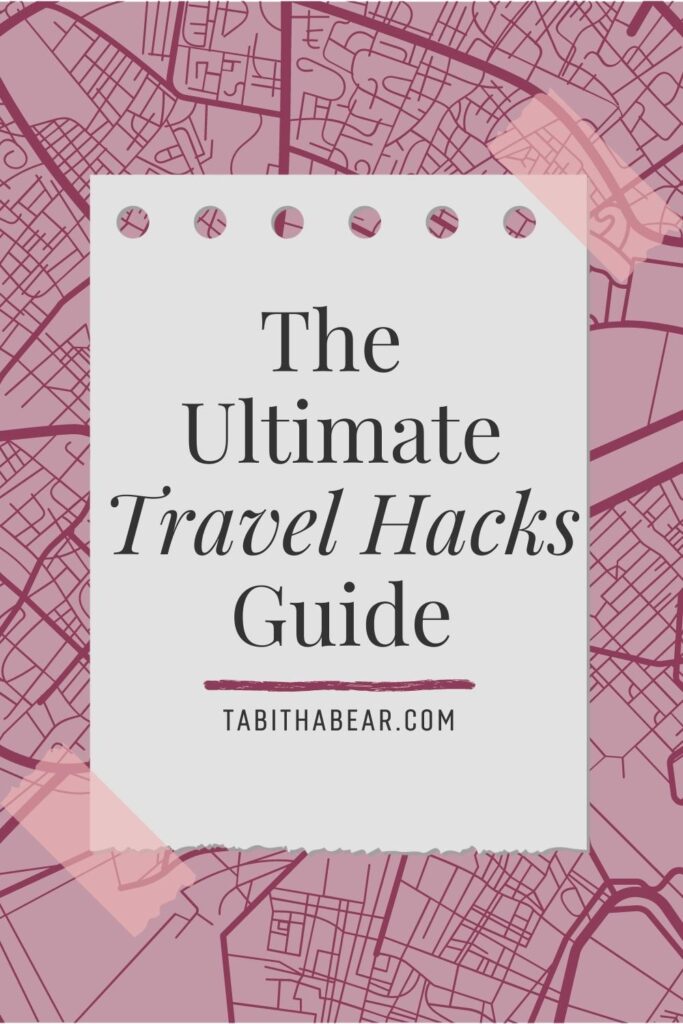 Graphic with a travel map in the backgrounds. Text in the middle reads "The Ultimate Travel Hacks Guide."