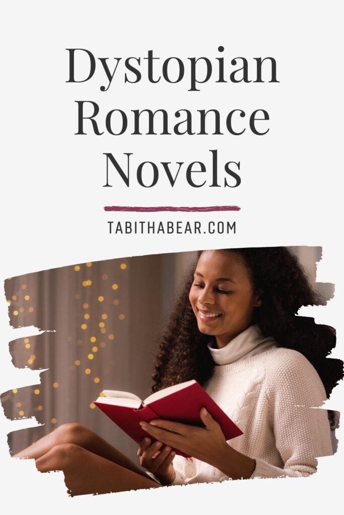 Photo of a Black woman relaxing while reading a novel. Text above the photo reads "Dystopian Romance Novels."