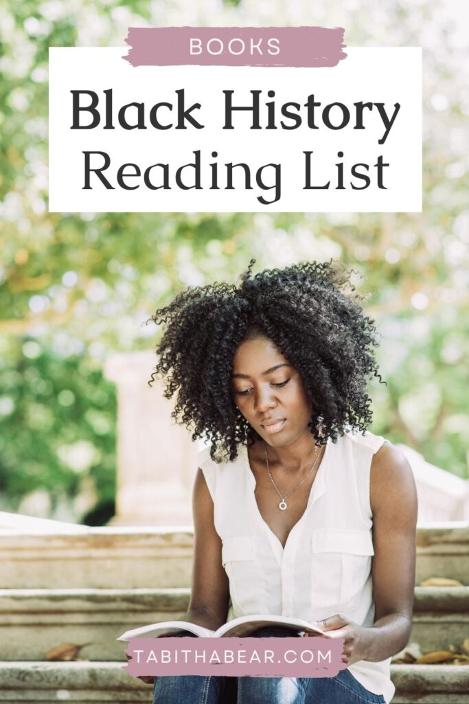 Photo of a Black woman sitting on steps while reading a book. Text above the photo reads "Books: Black History Reading List."