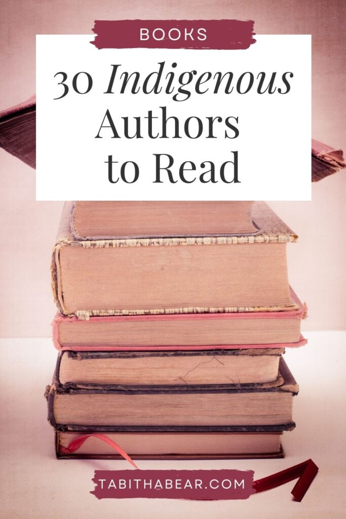 Stack of red-toned books. Text above reads "Books: 30 Indigenous Authors to Read."