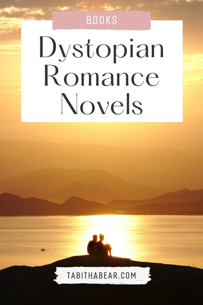 Photo of a silhouette of a couple sitting on a mountain during sunset. Text above the photo reads "Books: Dystopian Romance Novels."