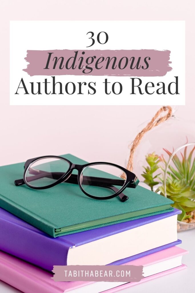 Photo of a stack of books with glasses on top. Text above reads "30 Indigenous Authors to Read."