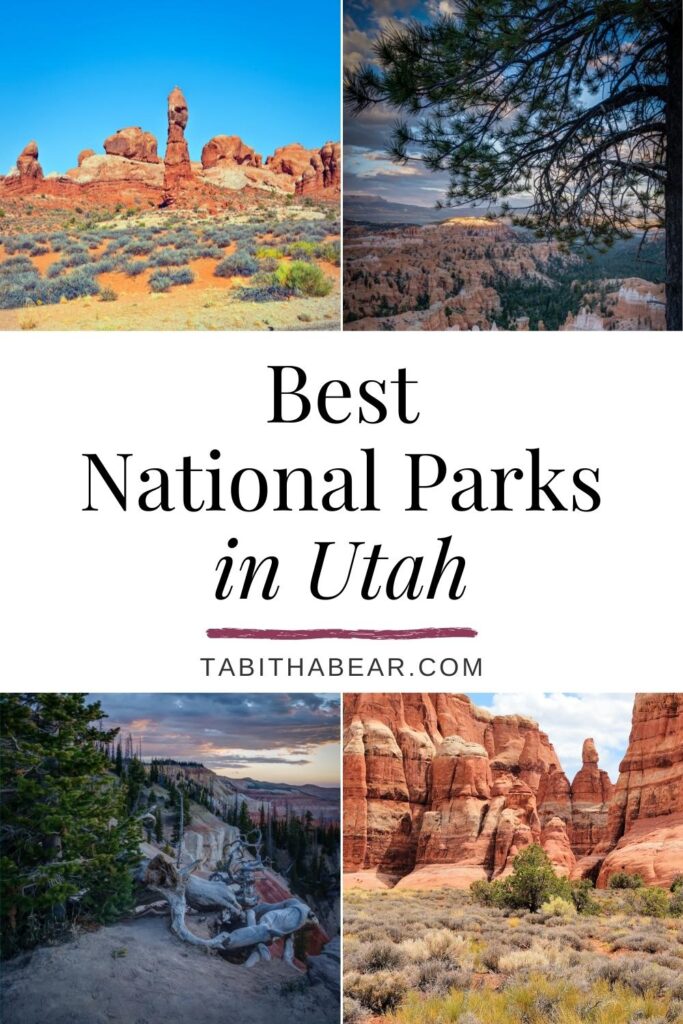 Grid with 4 photos from national parks in Utah. Text in the middle reads "Best National Parks in Utah."