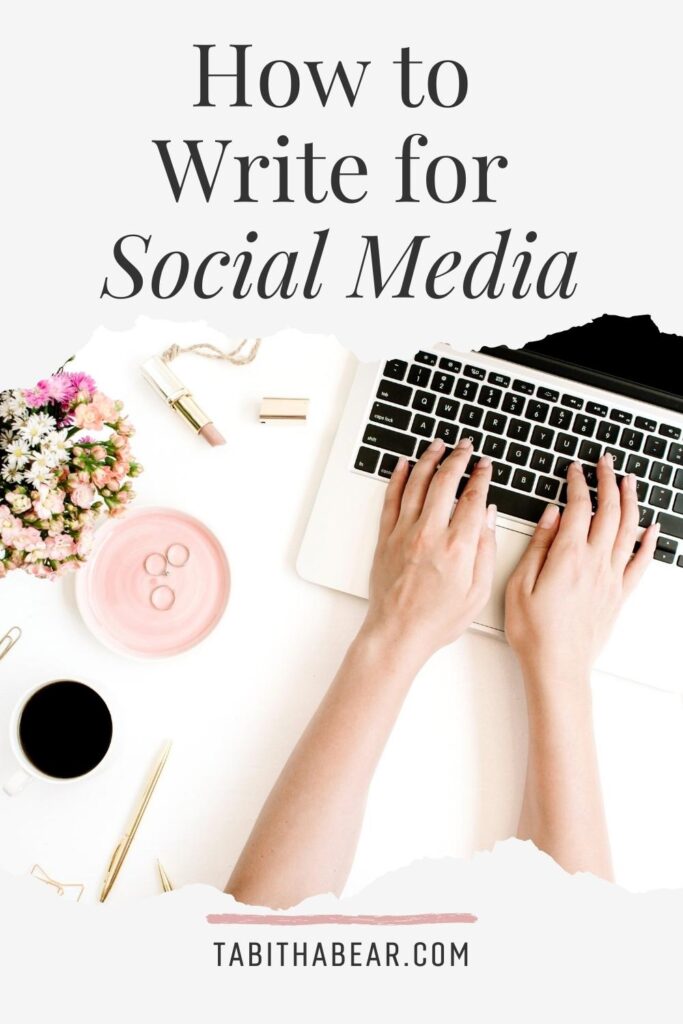 Flat lay photo of a person typing on a laptop with a candle and flowers nearby. Text above the photo reads "How to Write for Social Media."