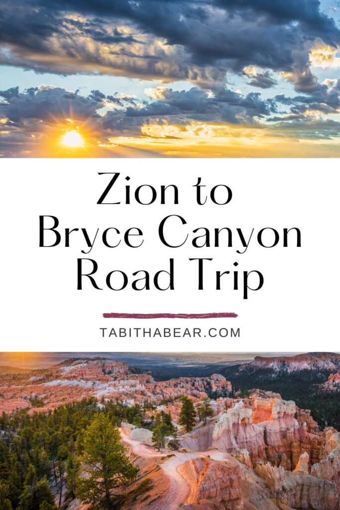 Photo of Bryce Canyon National Park during sunrise. Text in the middle of the photo reads "Zion to Bryce Canyon Road Trip."