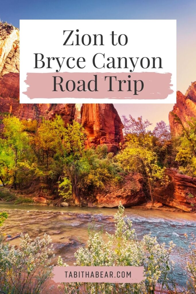 Photo of the Pulpit Rock Formation at Zion National Park in Utah. Text above the photo reads "Zion to Bryce Canyon Road Trip."