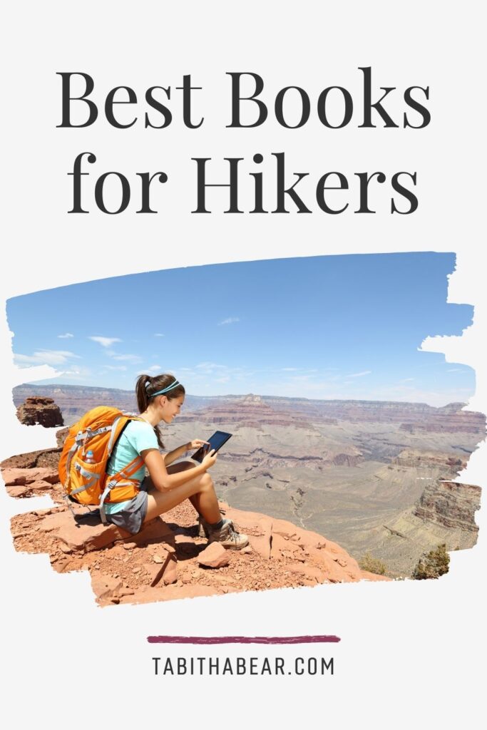 Photo of a woman wearing a backpack, overlooking a canyon, while reading a book on a kindle.