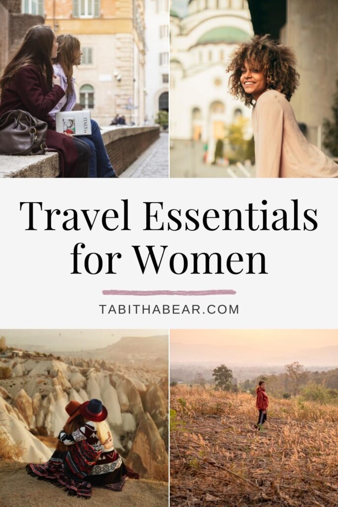 Grid with 4 photos of women traveling. Text in the middle reads "Travel Essentials for Women."