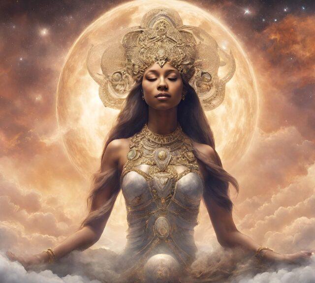 Goddess in the clouds over earth, creating it.
