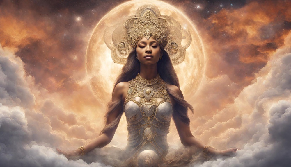 Goddess in the clouds over earth, creating it.
